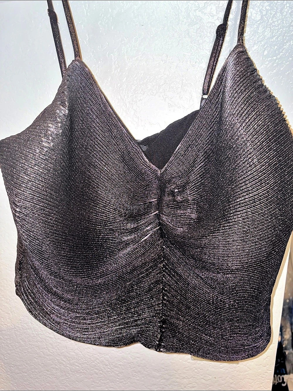 Express Metallic Pleated Bow Back Cropped Cami Tank Top Black Medium